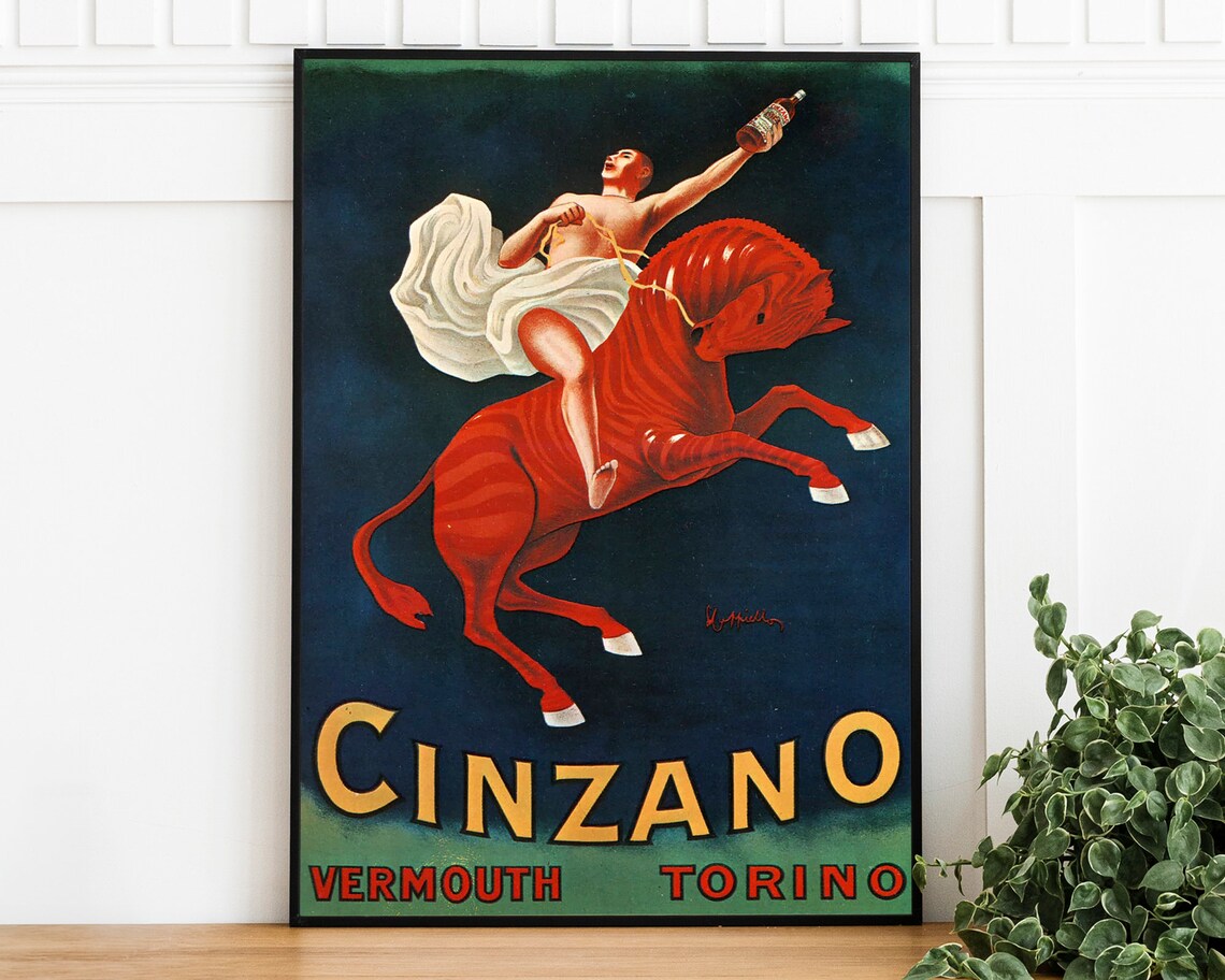 Cinzano Vermouth Torino Red Bull Rider Vintage Italian Ad Poster