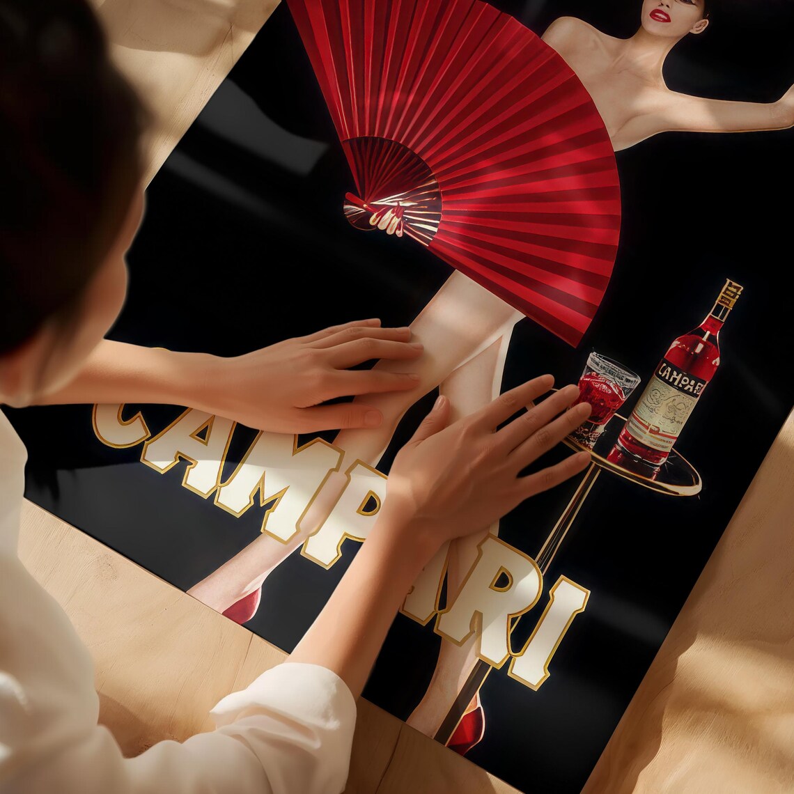 Campari Red Fan Dancer Vintage Italian Advertising Glamour Poster - Image 3