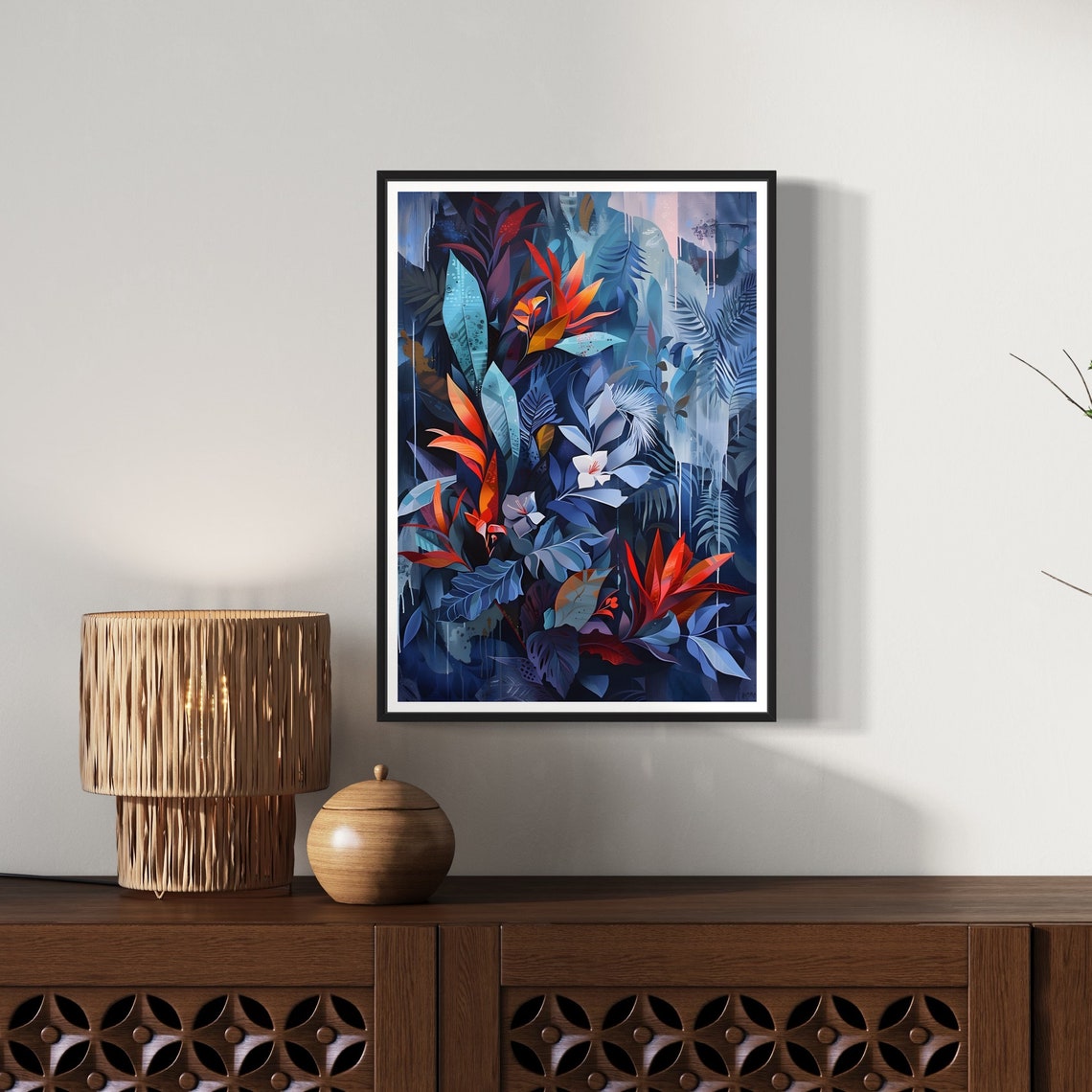 Blue Tropical Leaves Dark Navy Jungle Botanical Moody Art Print - Image 2