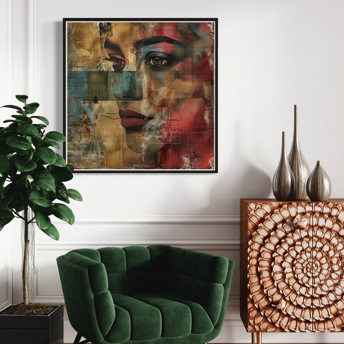 Abstract Woman Face Collage Red Teal Gold Mixed Media Portrait Print - Image 2