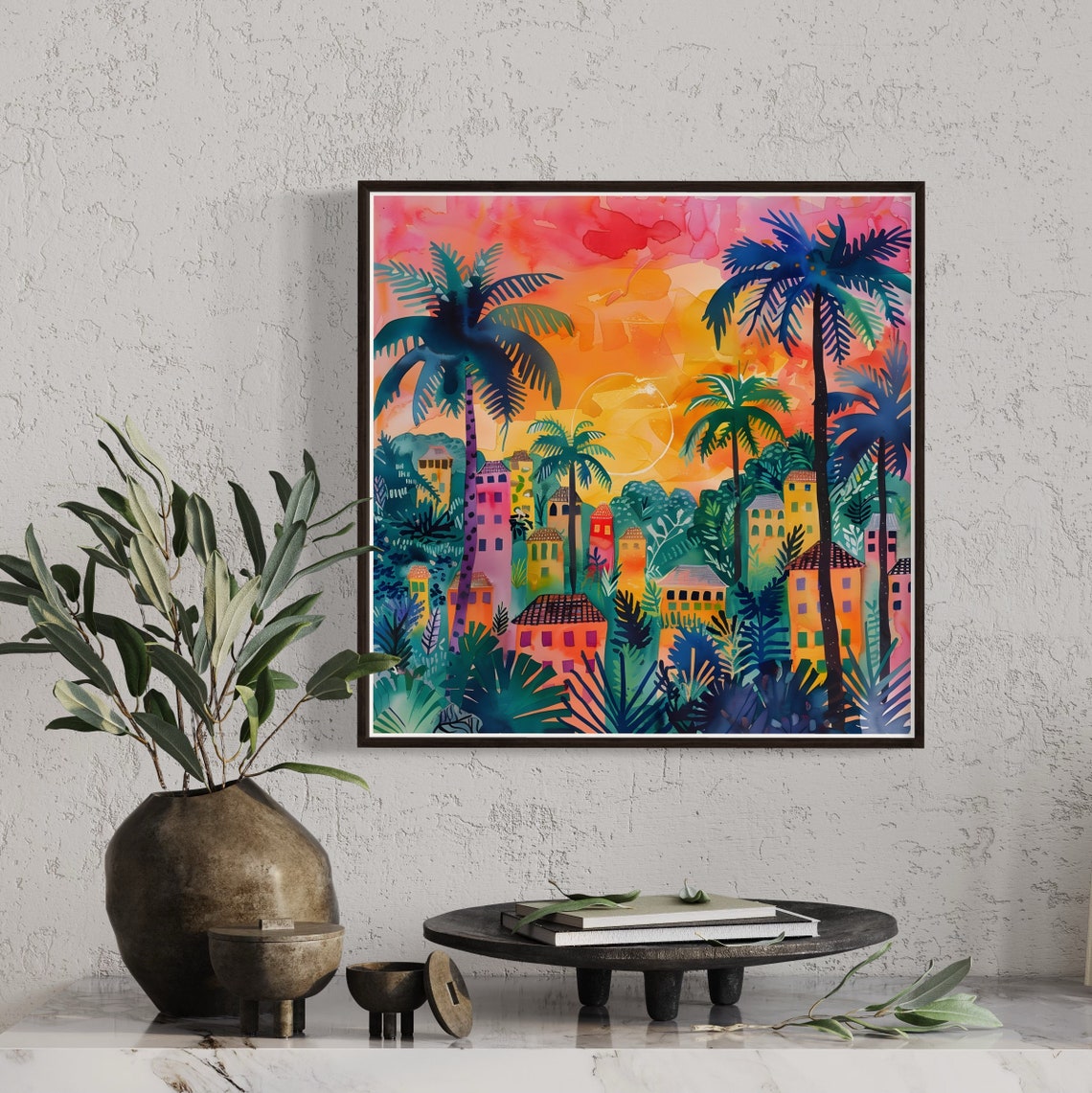 Tropical Village Sunset Palm Trees Vibrant Watercolor Island Poster - Image 3