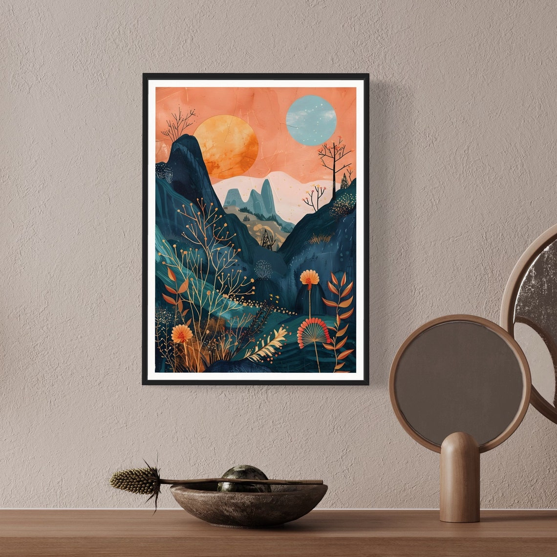 Boho Mountain Sun Moon Flowers Botanical Peach Sky Landscape Art Print - Image 2