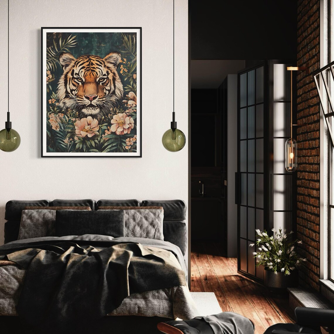 Tiger Face Dark Jungle Floral Vintage Wildlife Portrait Poster - Image 2