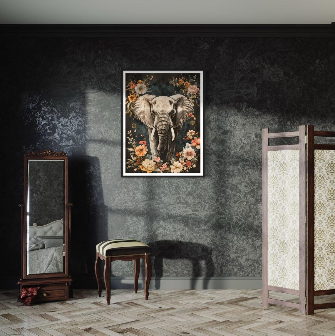 Elephant Wildflower Garden Dark Moody Vintage Wildlife Poster - Image 4