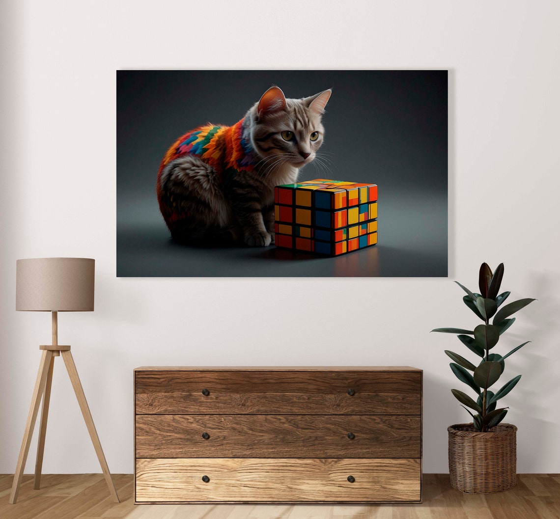 Tabby Cat In Rainbow Cube Armor Beside 4x4 Rubiks Cube Poster