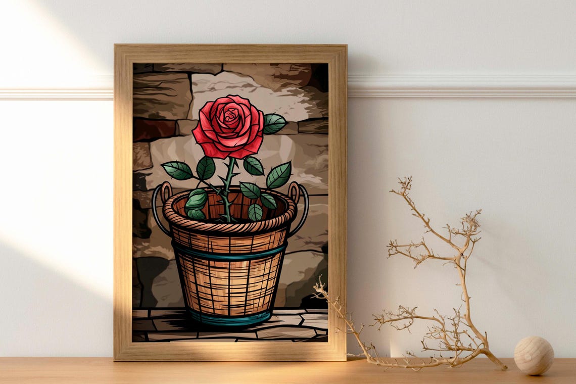 Single Red Rose In Woven Basket Stained Glass Floral Art Poster - Image 2