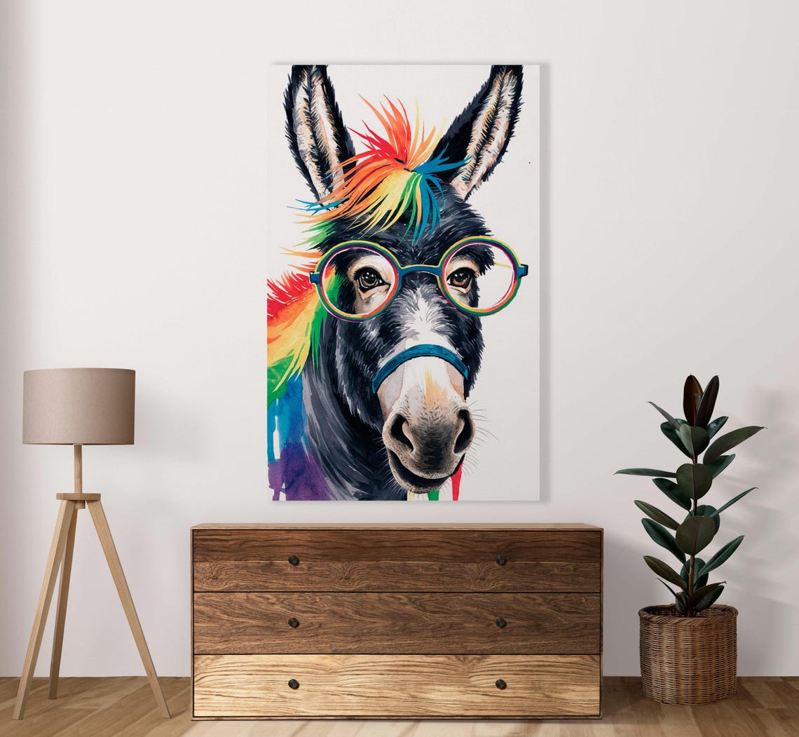Donkey With Rainbow Mane And Round Glasses Funny Animal Poster