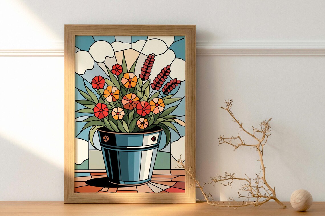 Red and Orange Wildflower Bouquet Metal Bucket Stained Glass Poster - Image 2