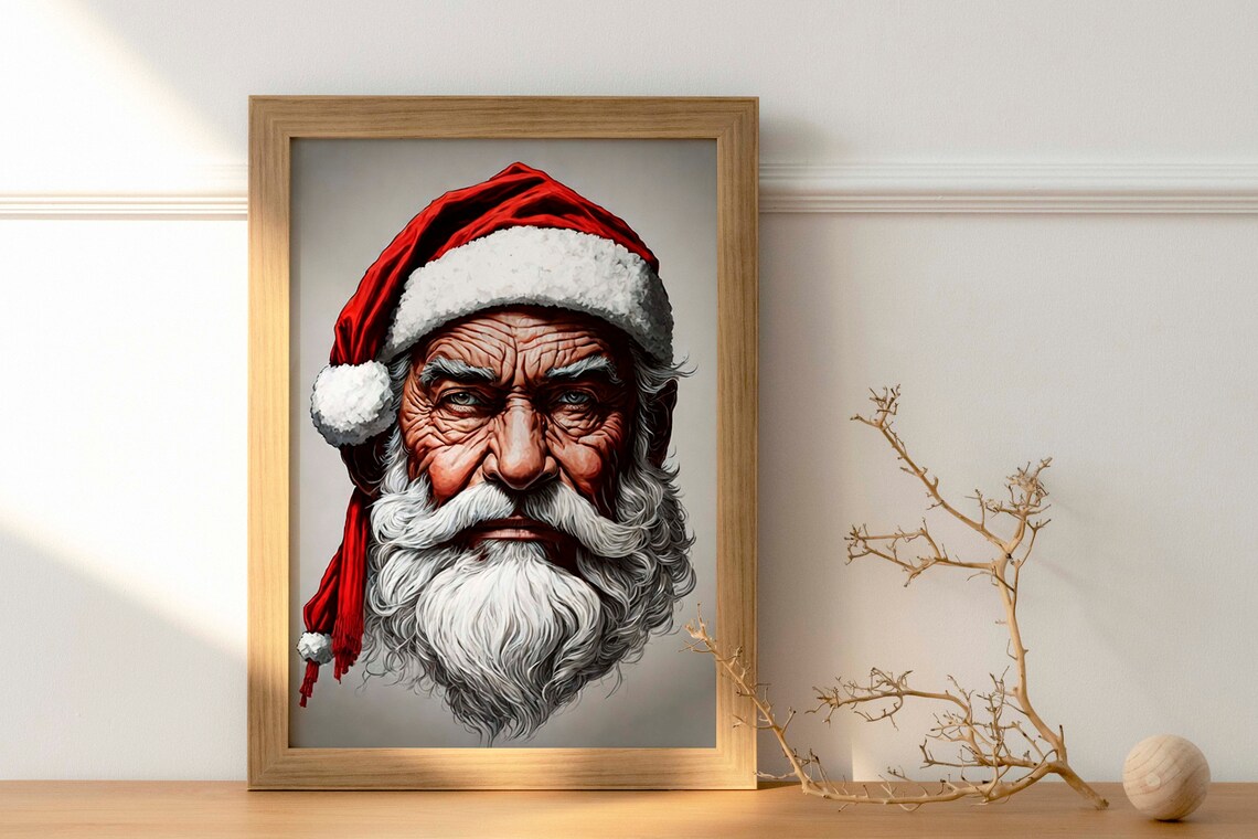 Weathered Serious Santa Claus Sketch Portrait Christmas Art Poster