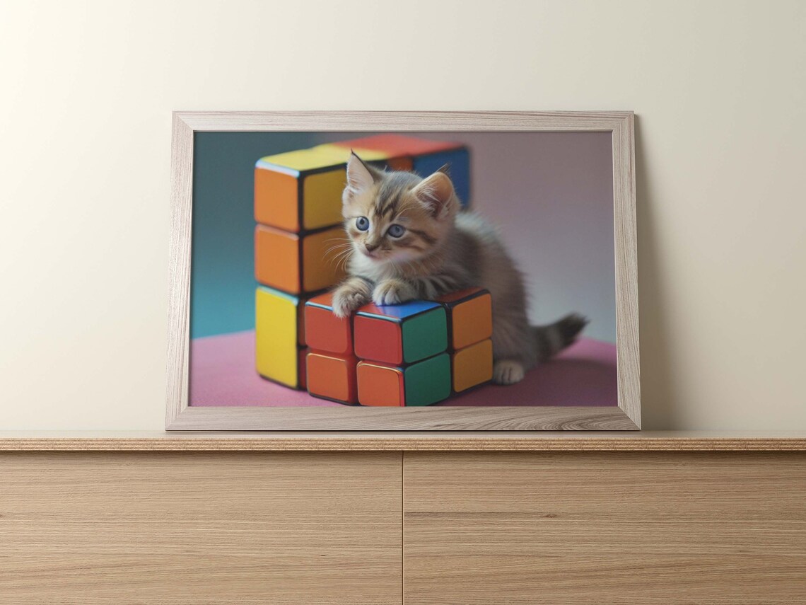 Rubik Cube With Cute Kitty Cat Poster Set Of 1 Image Home Artwork Decoration Serious Kitten Illustration - Image 2
