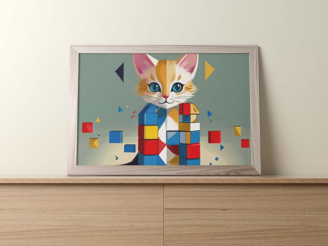 Blue Eyed Cartoon Kitten Built From Bright Geometric Cubes Poster - Image 2