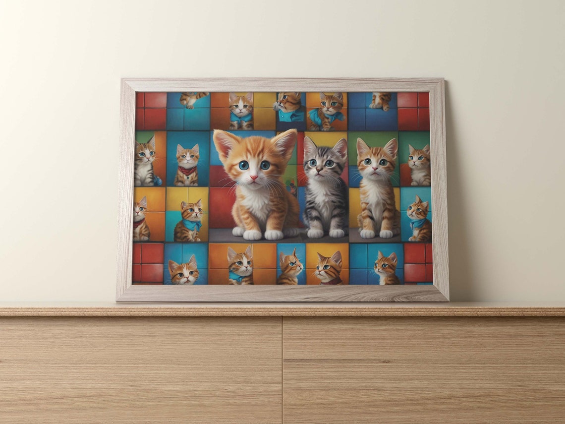 Cute Kittens Collage On Rainbow Squares Funny Cat Art Poster - Image 2