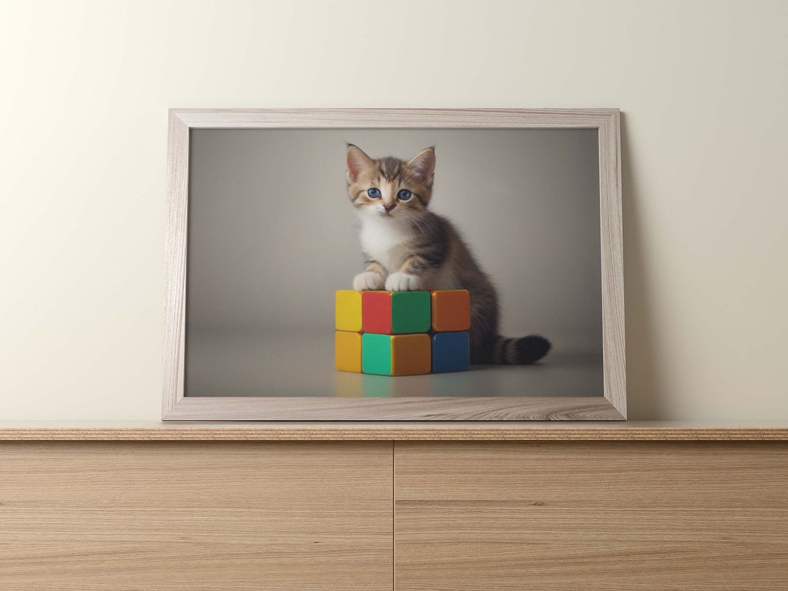 Adorable Tabby Kitten Sitting Atop Bright Stacked Color Blocks Poster - Image 2