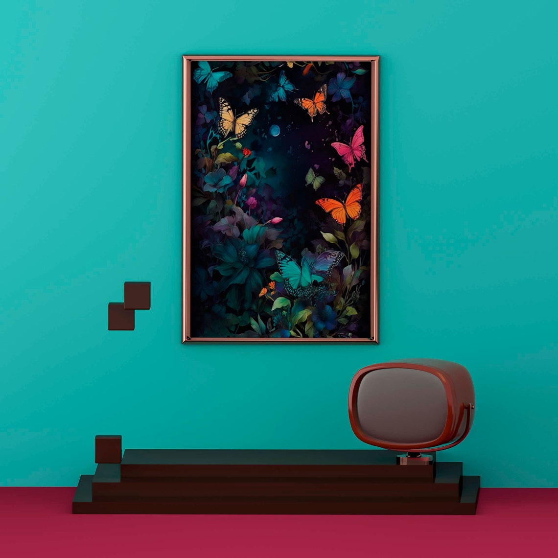 Midnight Garden Bright Butterflies Moonlit Floral Fantasy Poster - Image 2