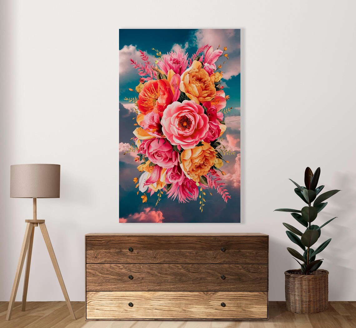 Romantic Pink Orange Rose Bouquet Cloudy Sky Floral Art Poster