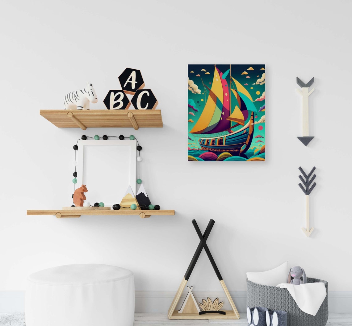 Sailboat With Bright Patchwork Sails Under A Starry Teal Sky Poster - Image 2