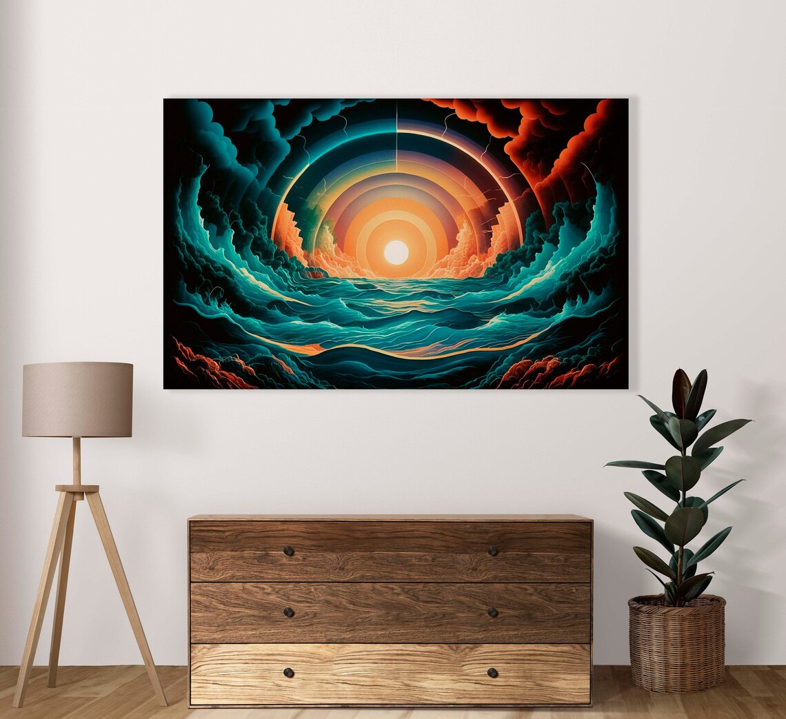 Teal Waves Under Geometric Rainbow Sunrise Sky Ocean Art Poster
