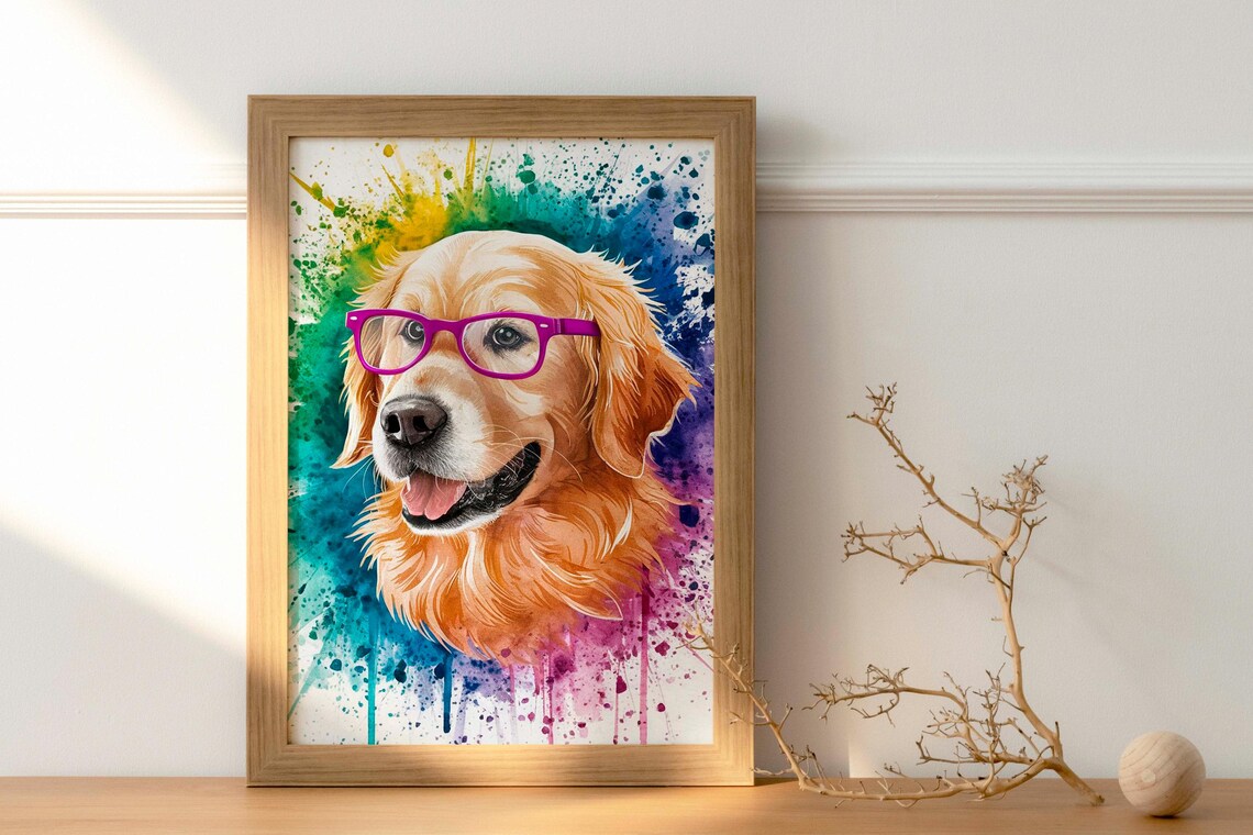 Golden Retriever Wearing Pink Glasses Watercolor Funny Dog Poster - Image 2
