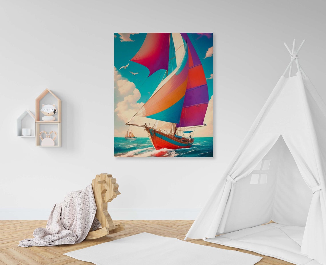Rainbow Sails Sailboat Illustration Boys Nursery Adventure Poster