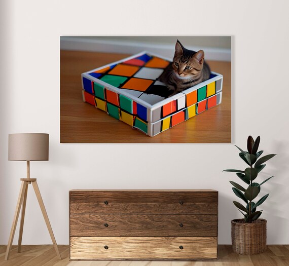 Cute Feline Inside Box Poster Set Of 1 Image Home Art Decor Green Eyes Cat Inside Box Illustration Schrodinger Cat