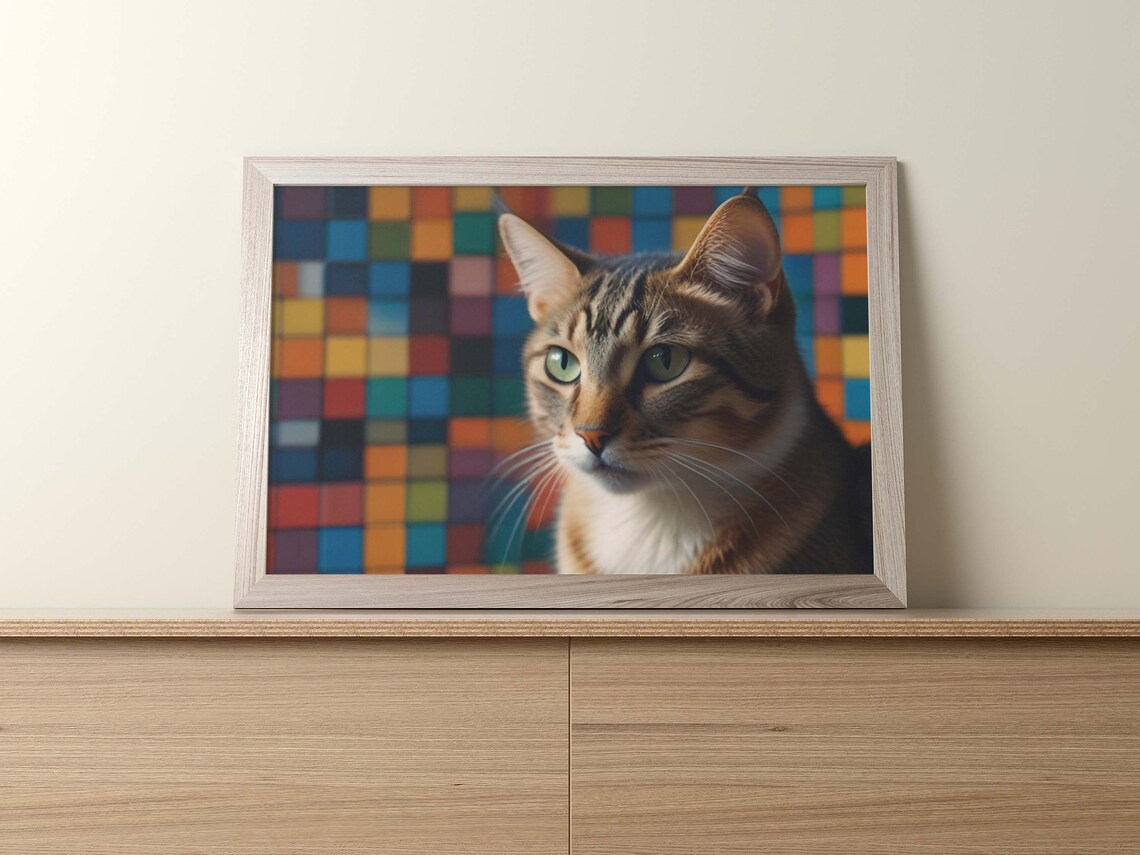 Green Eyed Tabby Cat Portrait On Colorful Mosaic Squares Poster - Image 2