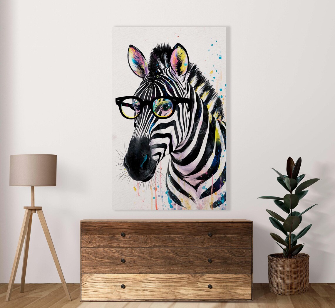Zebra Wearing Round Glasses Watercolor Funny Animal Art Poster