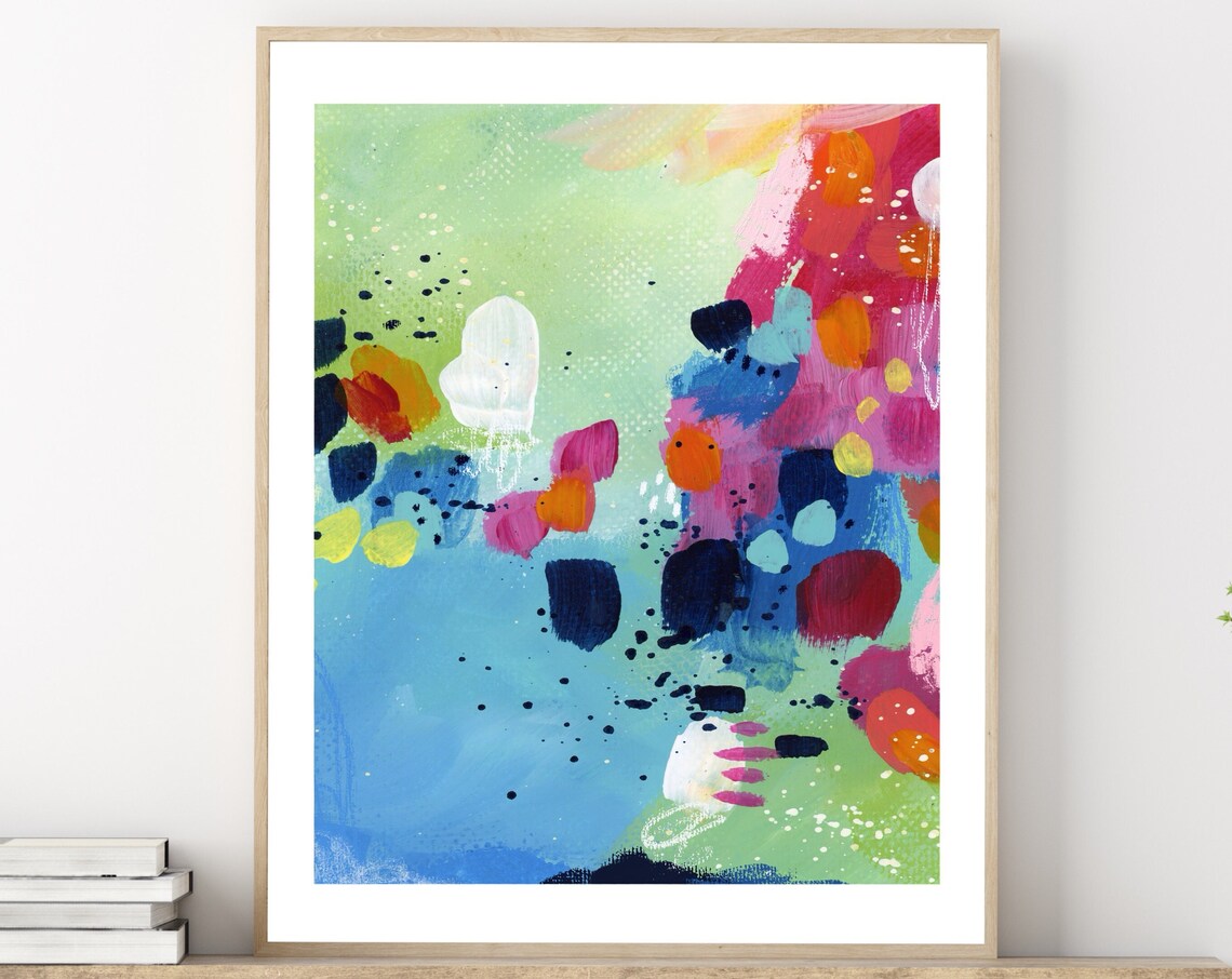 Colorful Tropical Abstract Painting Green Pink Blue Modern Art Print