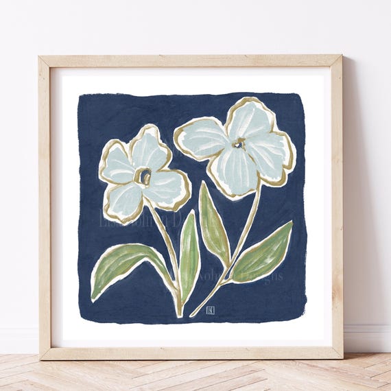 Navy Blue Abstract Floral Print, Modern Botanical