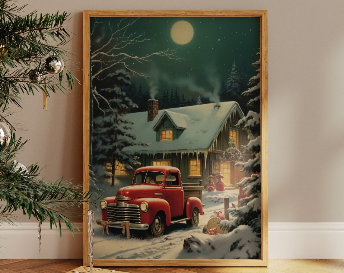 Red Vintage Truck At Snowy Cabin Moonlit Christmas Night Poster