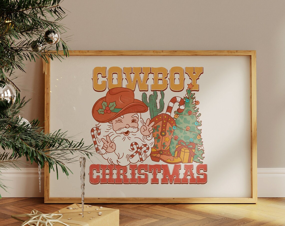 Cowboy Christmas Retro Santa Candy Cane Western Holiday Poster