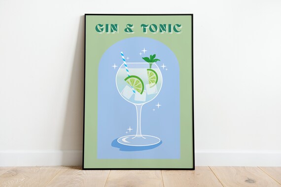 Gin and Tonic Retro Cocktail Lime Mint Green Bar Cart Poster