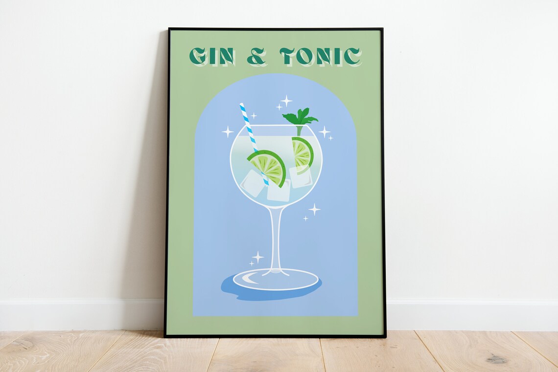 Gin and Tonic Retro Cocktail Lime Mint Green Bar Cart Poster