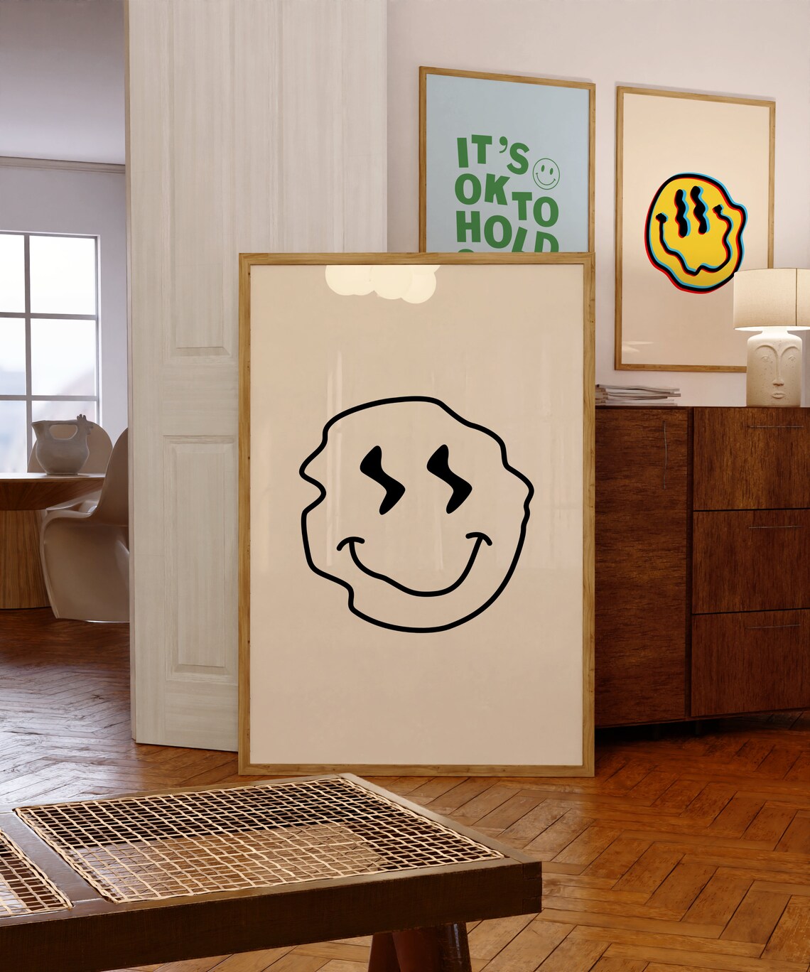 Wavy Hand Drawn Line Art Smiley Face Minimalist Cream Art Poster