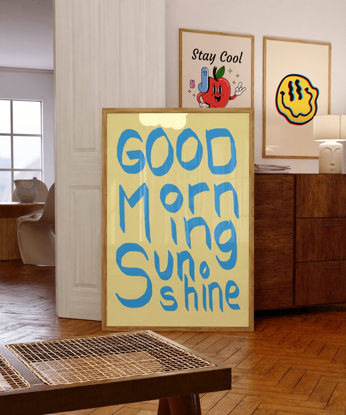 Good Morning Sunshine Playful Blue Lettering Cheerful Quote Poster
