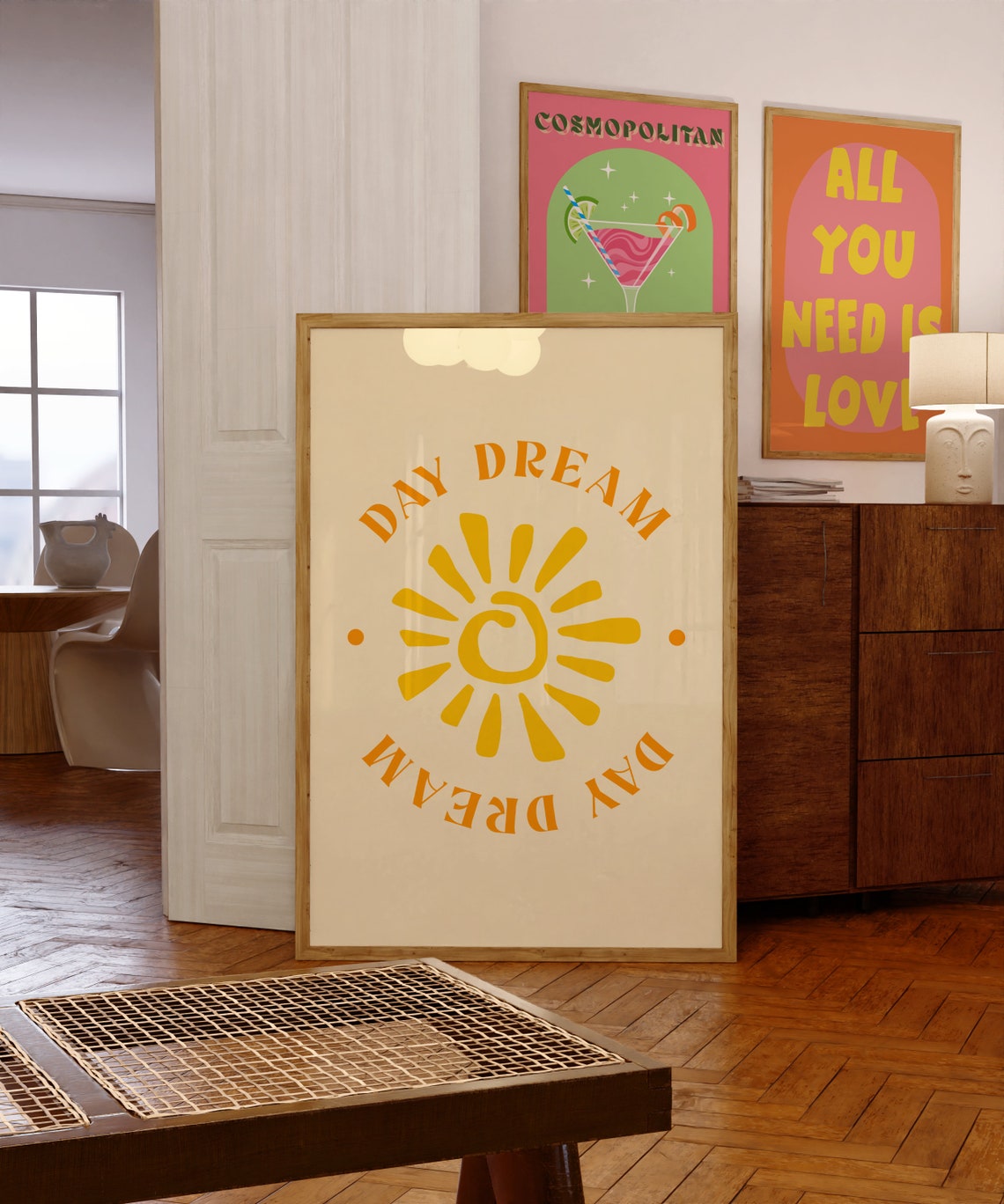Day Dream Sunshine Retro Cream Orange Wall with Sun Emblem Poster