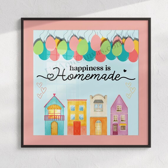 Happiness Is Homemade Quote Colorful Houses Balloons Whimsical Wall Poster