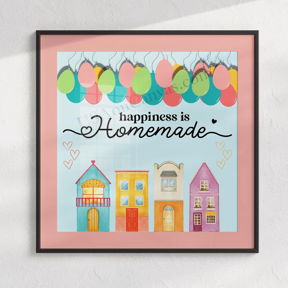 Happiness Is Homemade Quote Colorful Houses Balloons Whimsical Wall Poster