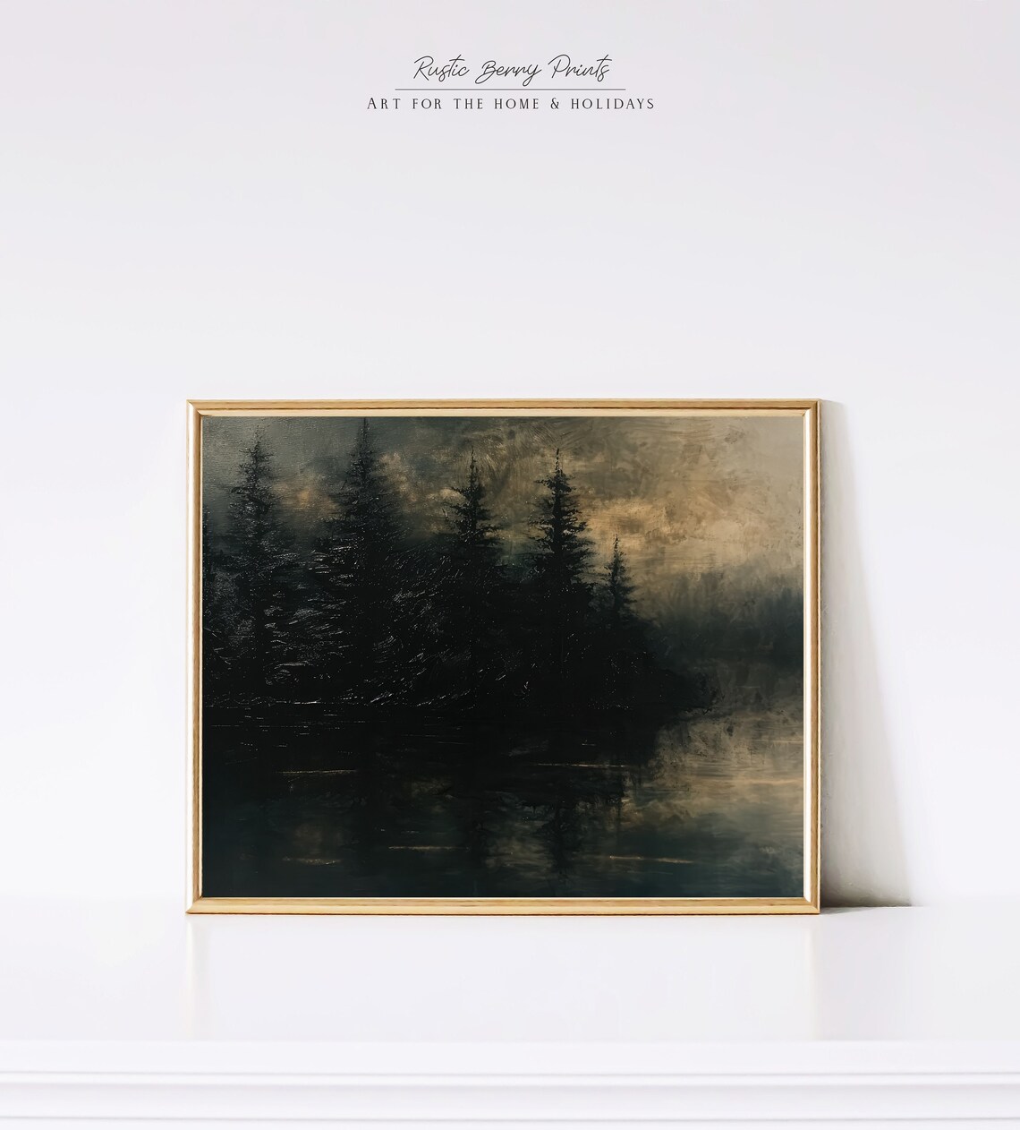 Dark Pine Trees Stormy Green Gold Sky Moody Forest Oil Painting Poster