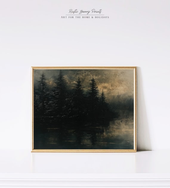 Vintage Moody Forest Lake Landscape Oil Painting Wall Art Rustic Print Dark Tones Print Pine Trees Instant