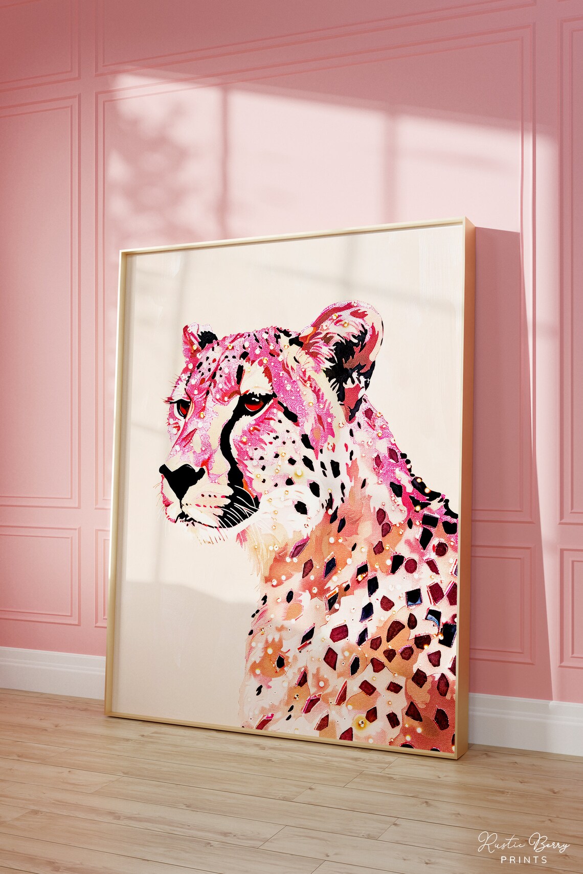 Pink Disco Cheetah Portrait Glitter Mosaic Cream Preppy Wall Art