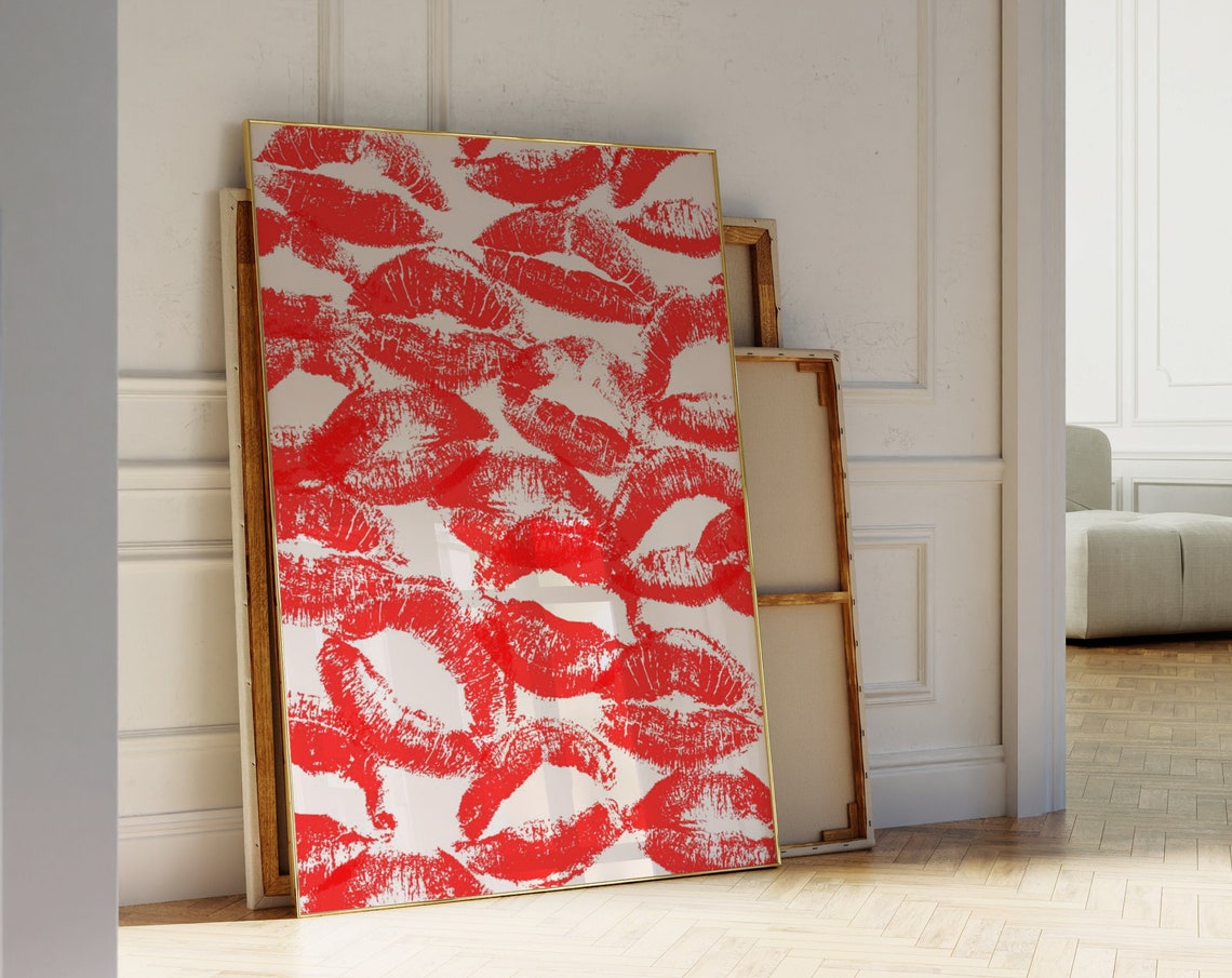 Trendy Lipstick Kisses Print Y2k Funky Wall Art Red Mouth Kisses Poster Modern Wall Art Woman Print French Kiss Print