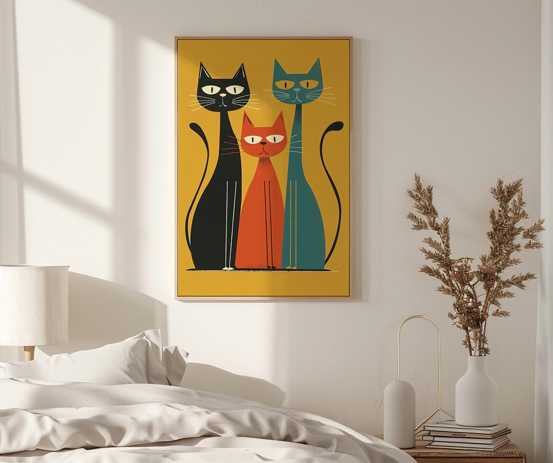 Three Mid Century Modern Style Cats Trio On Yellow Art Poster - Image 3