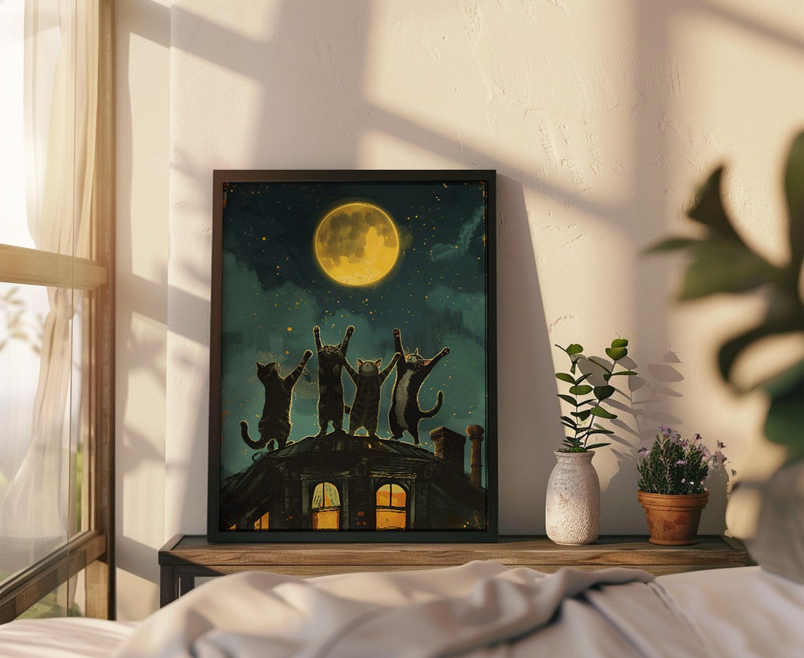 Four Cats On Rooftop Reaching For The Full Moon Night Poster - Image 3