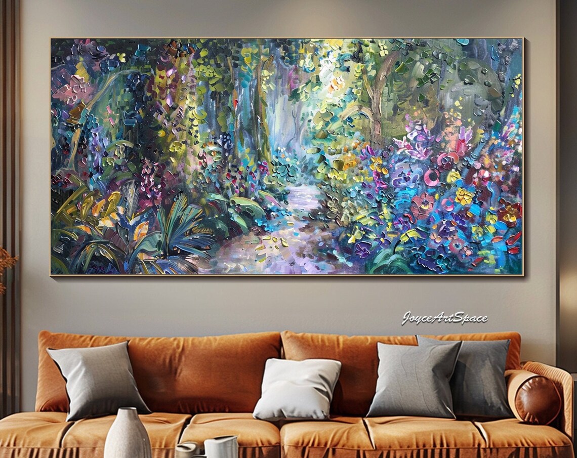 Enchanted Forest Path Colorful Flowers 3D Impasto Landscape Wall Art