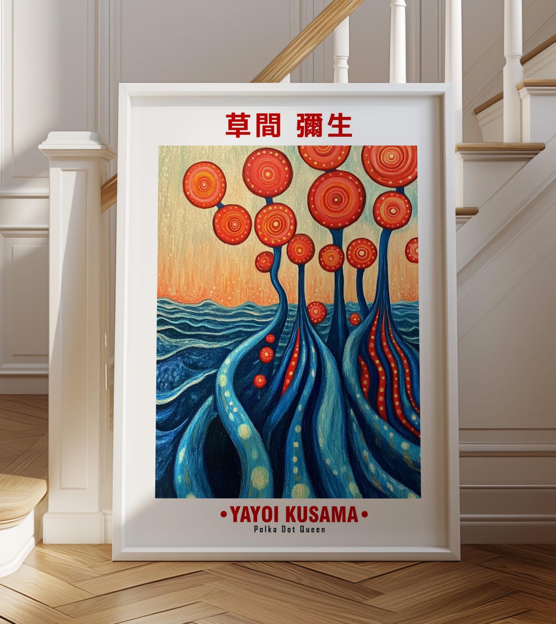 Red Dotted Disc Flowers Blue Ocean Sunset Kusama Inspired Poster