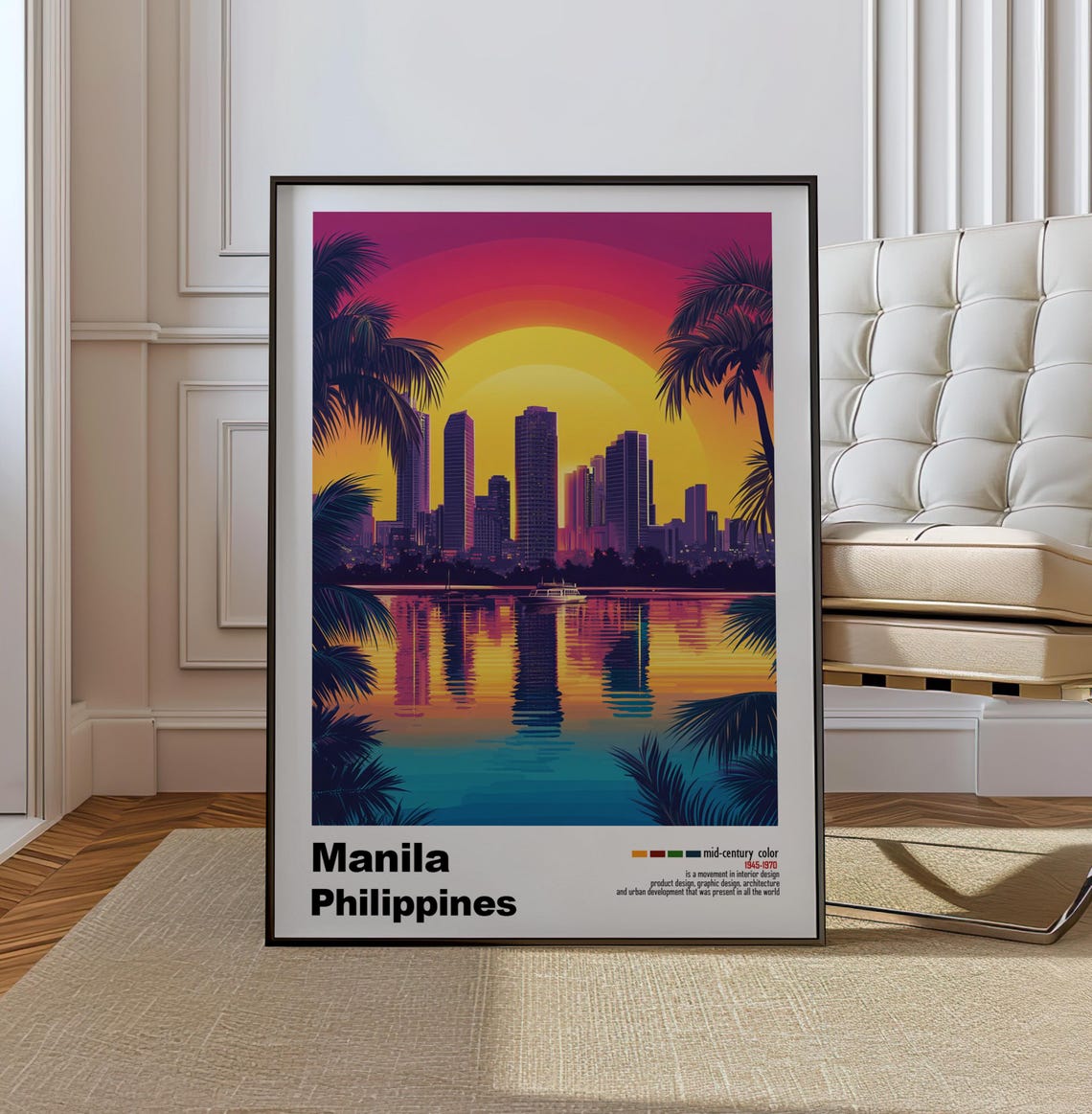 Manila Philippines Sunset Waterfront Skyline Palm Reflection Poster