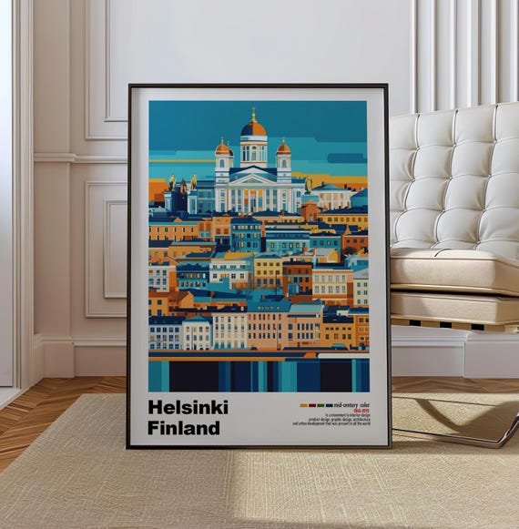 Helsinki Finland Mid Century Modern Architecture Art Print Retro Minimalist City Poster With Geometric Design Bold Mid Century Poster