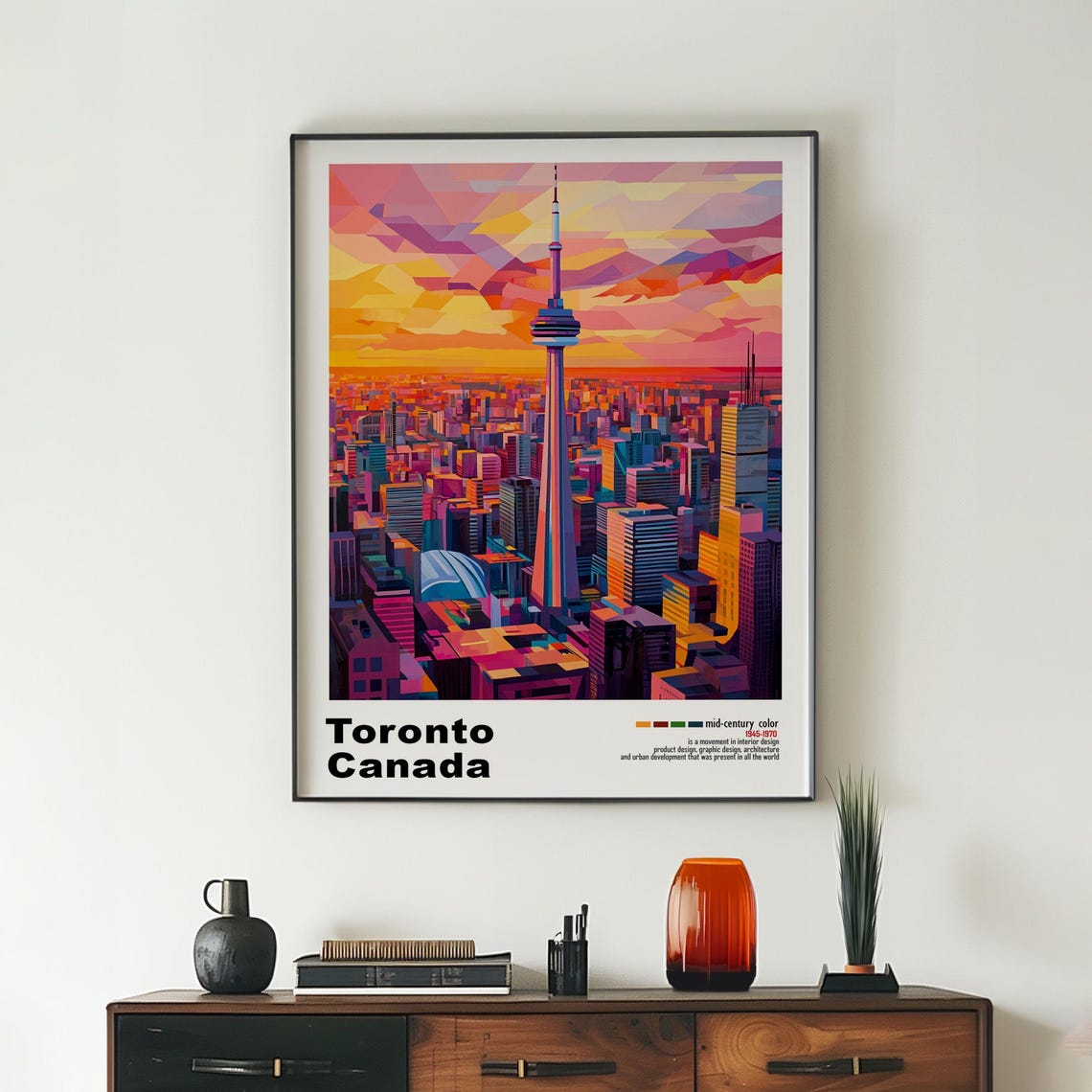 Toronto Canada CN Tower Pink Sunset Skyline Mid Century Poster - Image 2