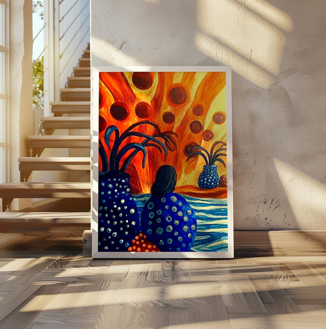 Blue Dotted Woman with Patterned Vessels at Sunset Art Poster