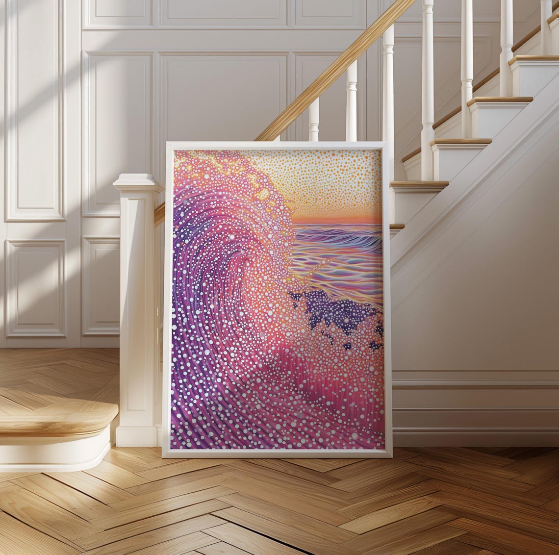 Pink Ocean Wave Crash in Polka Dot Pointillism Art Style Poster - Image 2